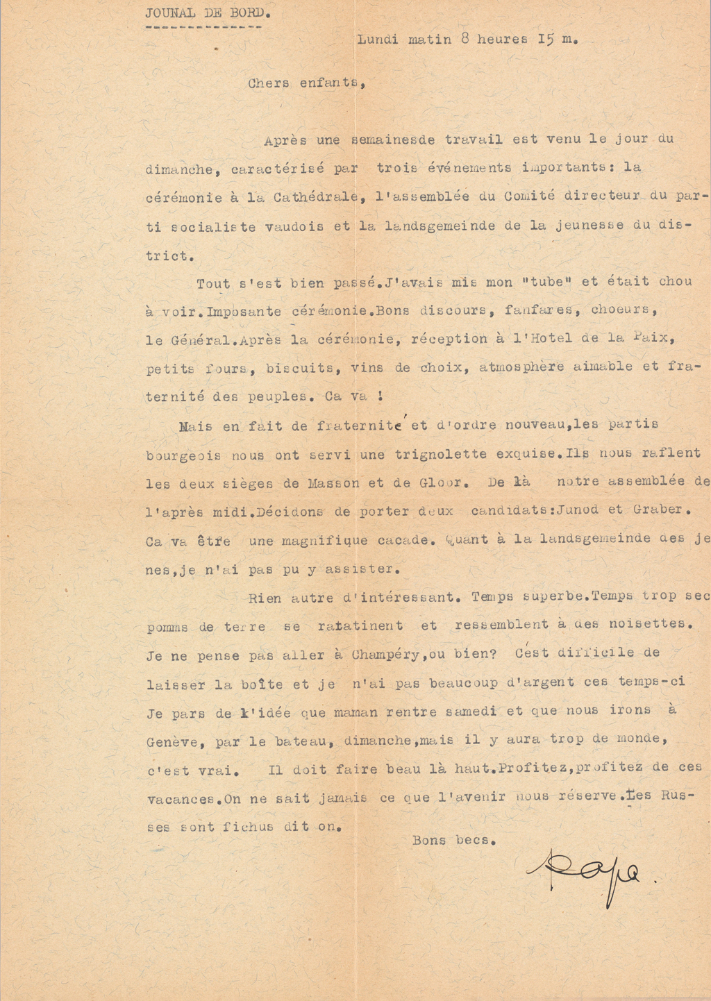 Typed letter by Paul Golay on yellowed paper