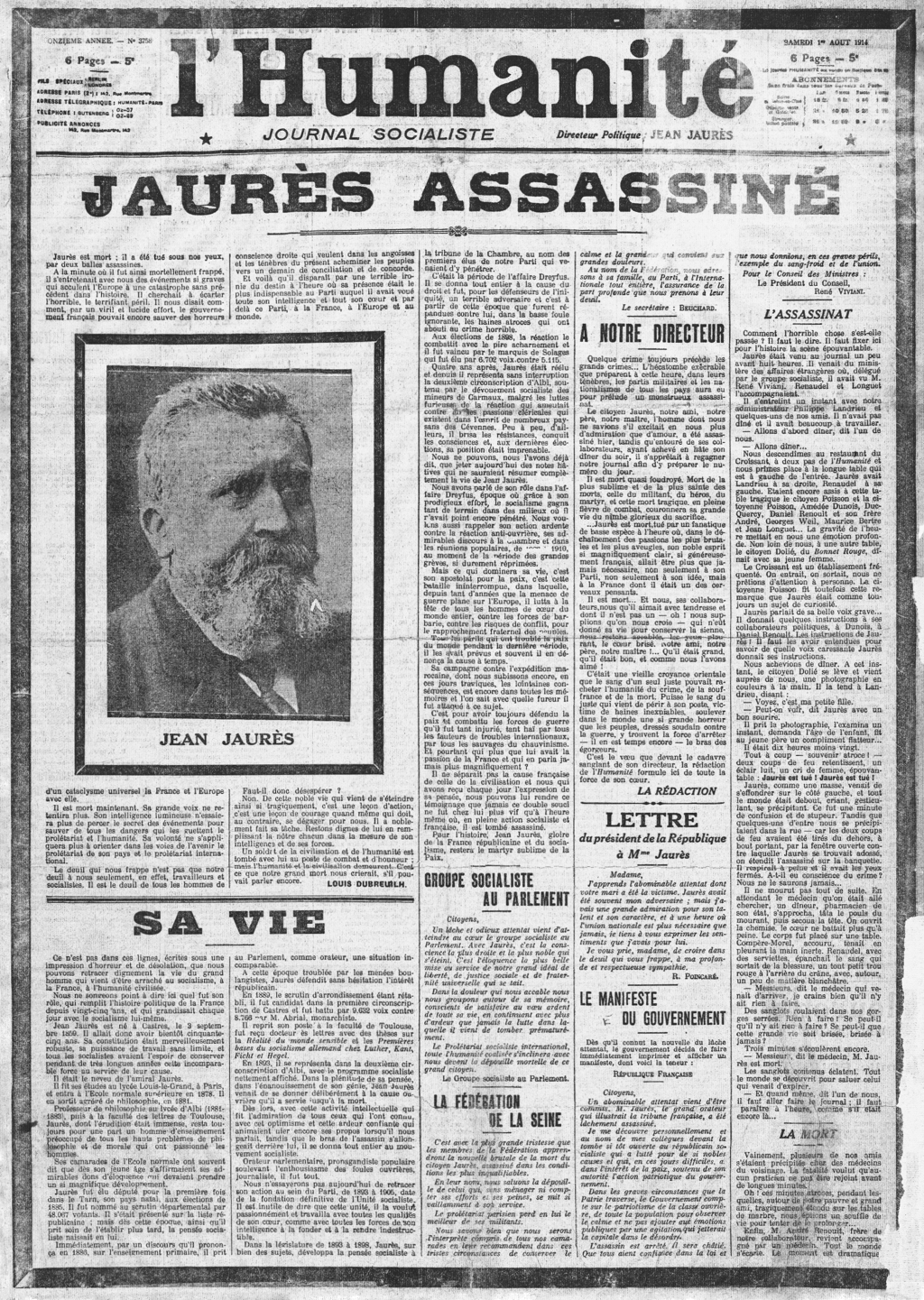 Page titre du journal L'Humanité en noir et blanc de 1914 avec la photographie de Jean Jaurès.