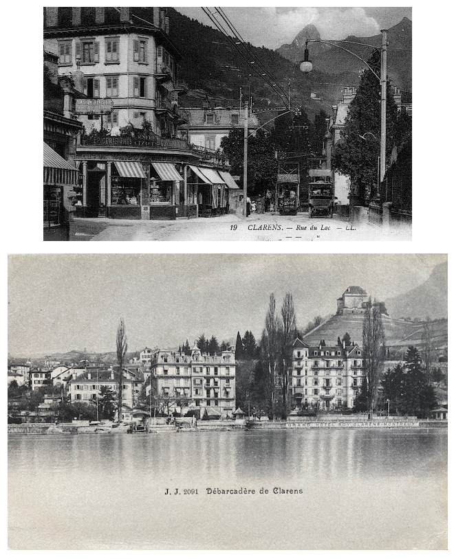 Black and white postcards with the lake Geneva and the sights of Clarens with the Châtelard Castle on top of the hill.