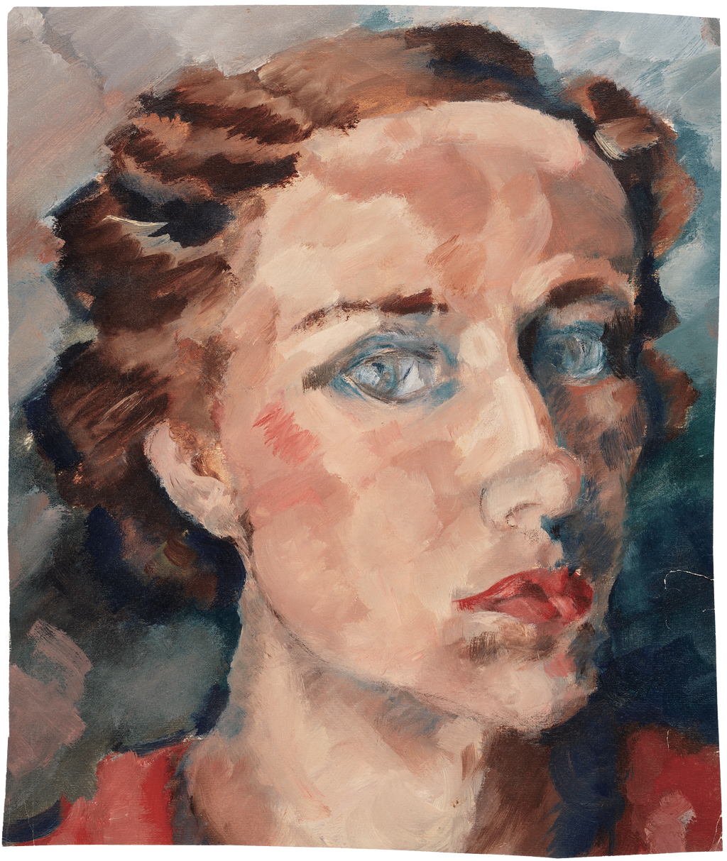 Autoportrait peint d'Alice Rivaz avec yeux bleus et chemisier rouge