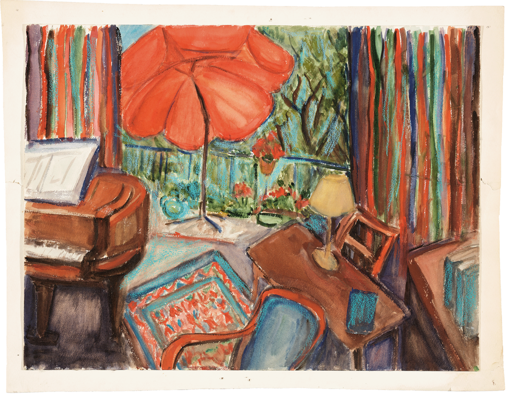 Peinture avec piano et parasol rouge ouverts