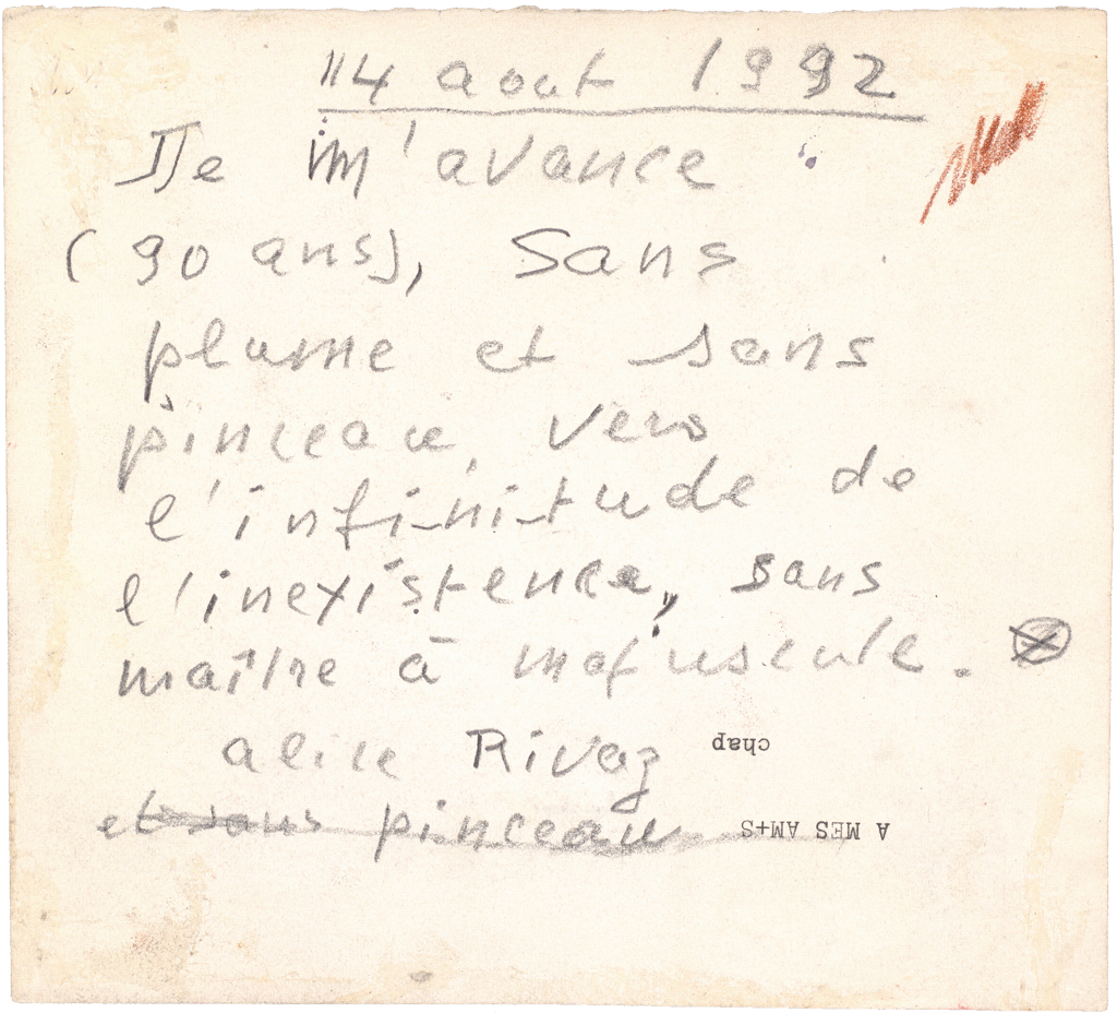 Note manuscrite au crayon et signée Alice Rivaz le jour de ses 91 ans